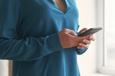 Mobile texting woman hands smartphone typing chat, a Technology Photo by Photo Drive Studio