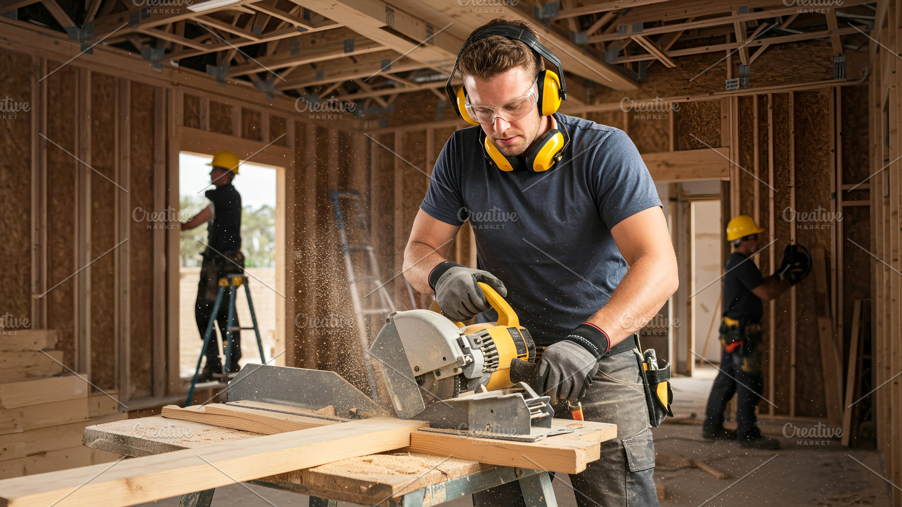 Carpenter Using Circular Saw on Cons, an Industrial Photo by Stock Shape