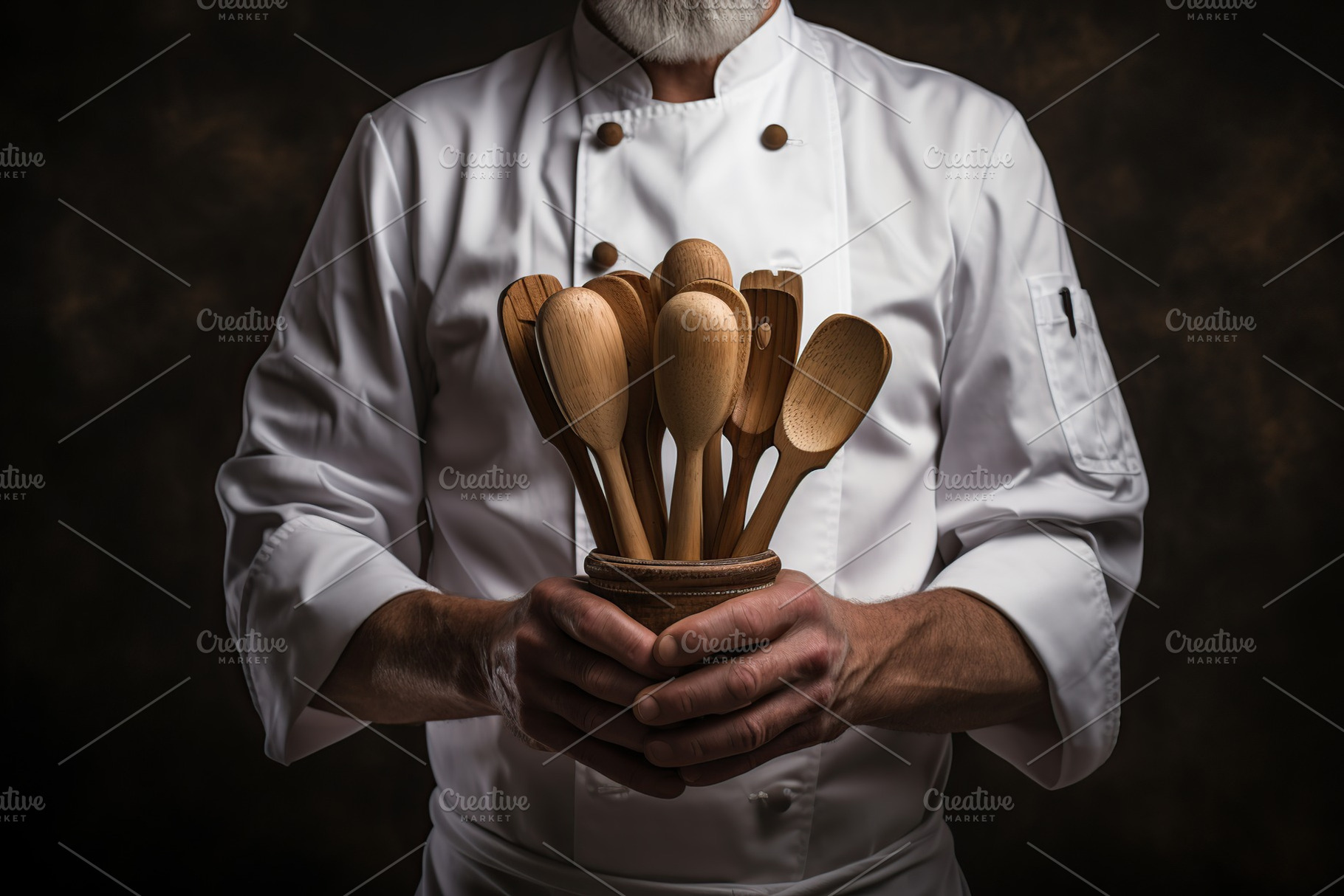 Chef holding wooden utensils, a Food & Drink Photo by AlyaAnd