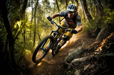 An action shot of a mountain biker speeding downhill on a rugged, a Sports & Recreation Photo by designvectx