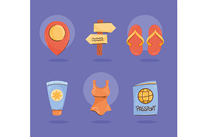 six travel vacations icons, an Object Illustration by studiogstock