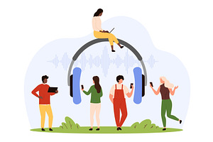 Audio service app, tiny people with, a Technology Illustration by Flashvector