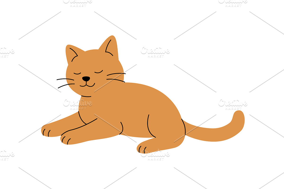 Cartoon orange cat lying down with, an Animal Illustration by GraphiShop