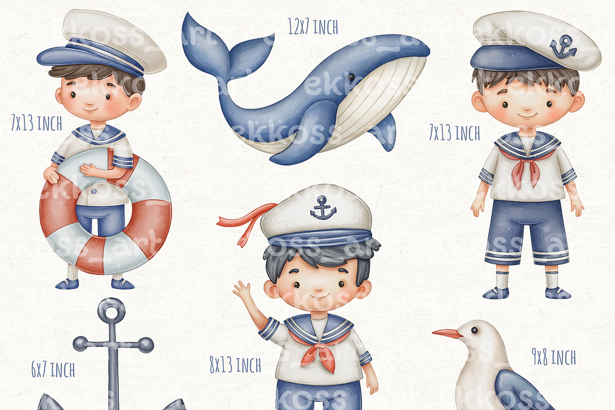 Cute Sailors Watercolor Clipart, a Person Illustration by ekossa_art (Photo 3 of 7)