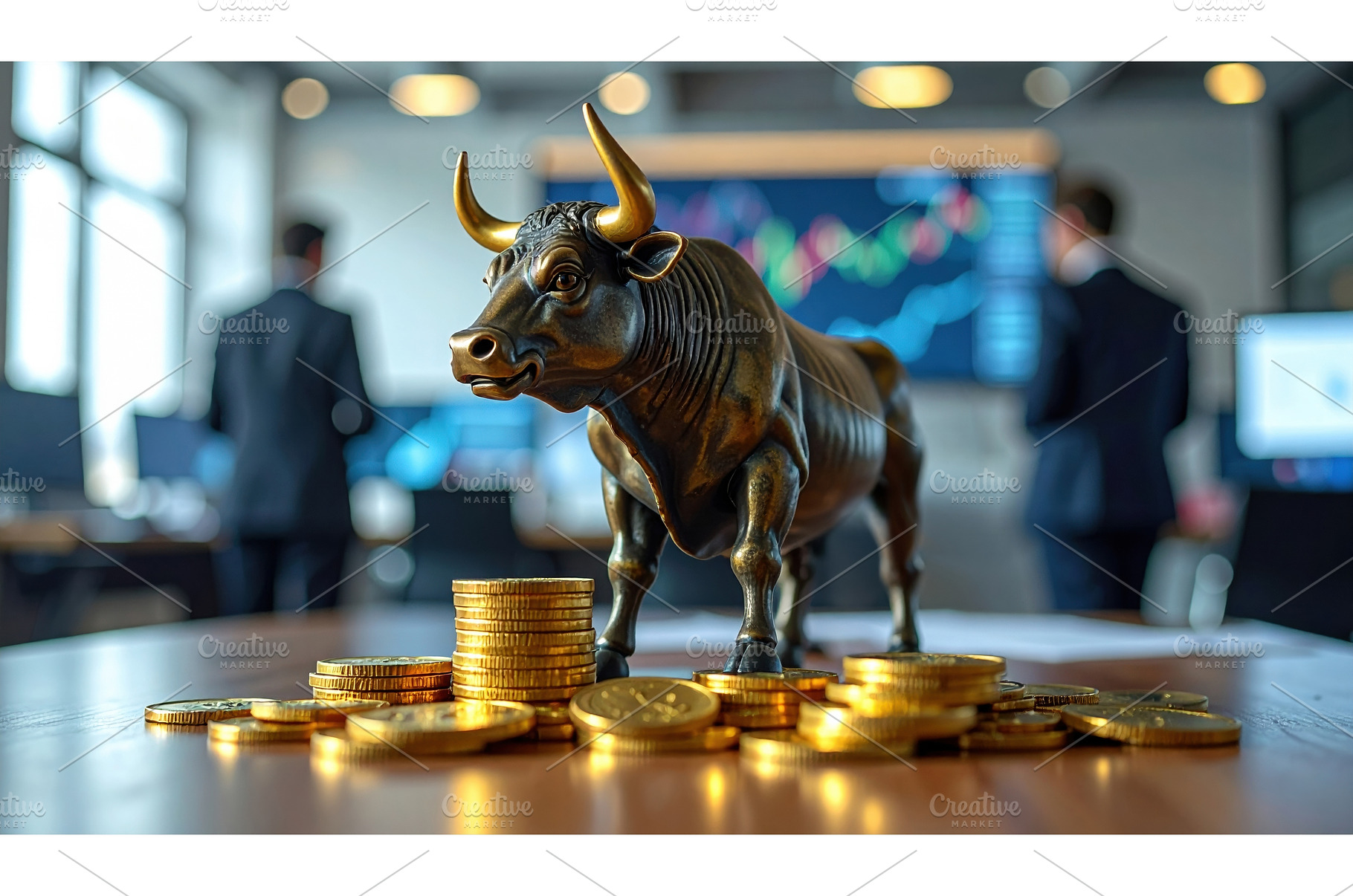 Bronze bull statue with gold coins, a Business Photo by Igor Tichonow