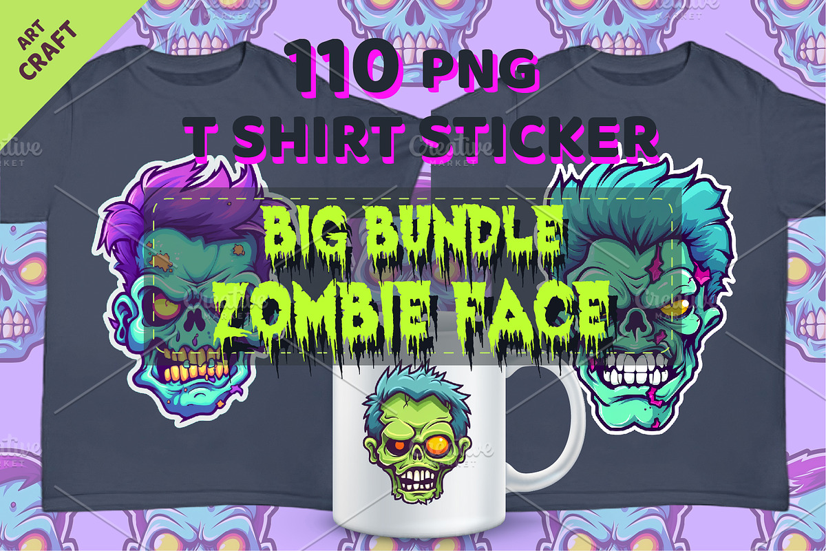 Big bundle 110 Cartoon Zombie Faces., a Decorative Illustration by KENO Mascots (Photo 1 of 4)