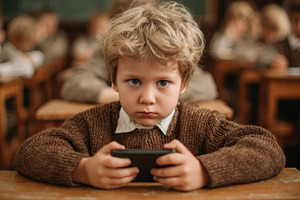 Young Boy in Classroom Uses Smartpho, a Photo by Pixeness Studio