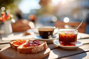 Enjoying breakfast with toast and jam in a sunny outdoor cafe, a Photo by AlyaAnd
