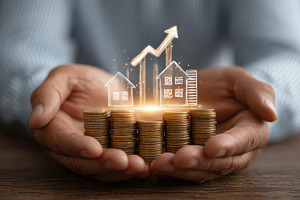 Hands holding coins with rising hous, a Photo by Pixeness Studio