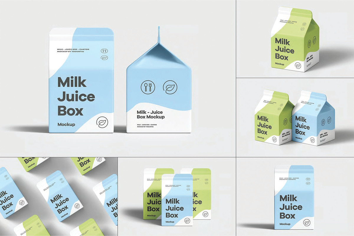 Milk Juice Box Mockup, a Packaging Mockup by DesignRushMarket (Photo 1 of 14)