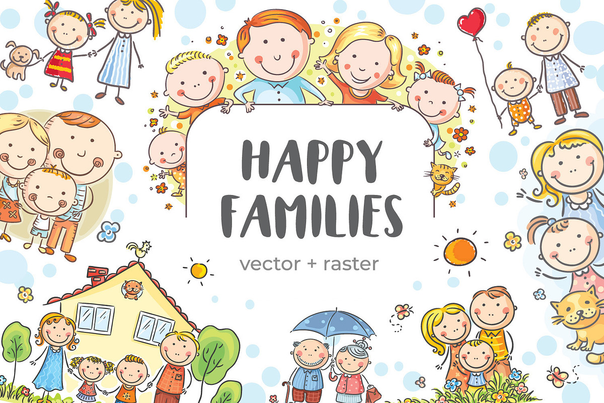 Happy cartoon families bundle, an Illustration by Bubert Art (Photo 1 of 5)