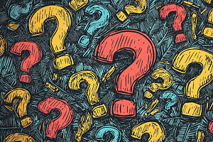 Colorful hand-drawn question marks on textured background, an Illustration by AS photostudio