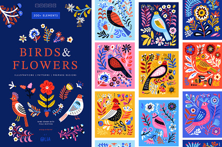 Birds & Flowers | Folk style clipart, an Animal Illustration by Olia