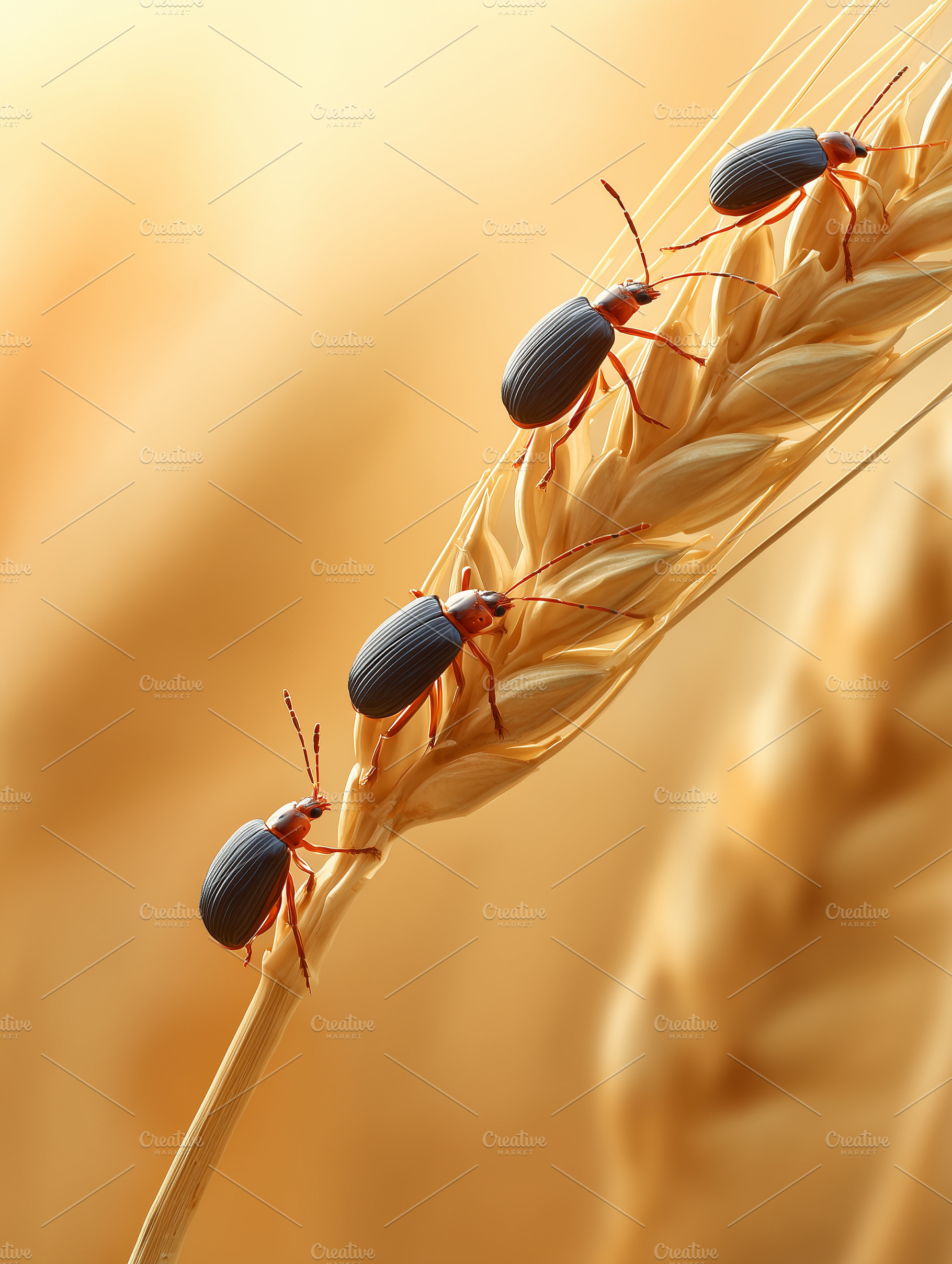 Four beetles climbing a golden wheat, an Animal Photo by MistyDay