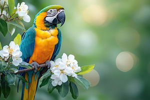 Macaw parrot sitting on a flowering tree branch, an Animal Photo by AlyaAnd