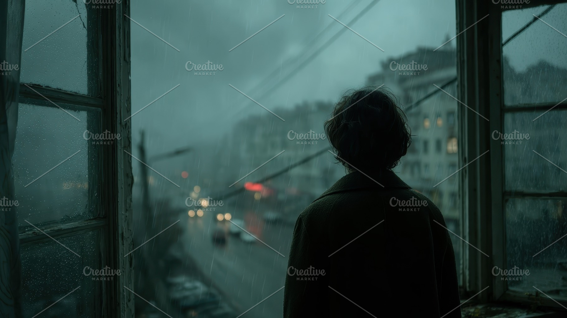 Rainy Cityscape Woman at Window Silh, a Photo by Pixeness Studio