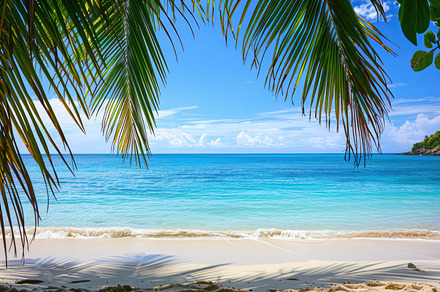 A tropical beach with palm trees, a Nature Photo by Virgo Studio