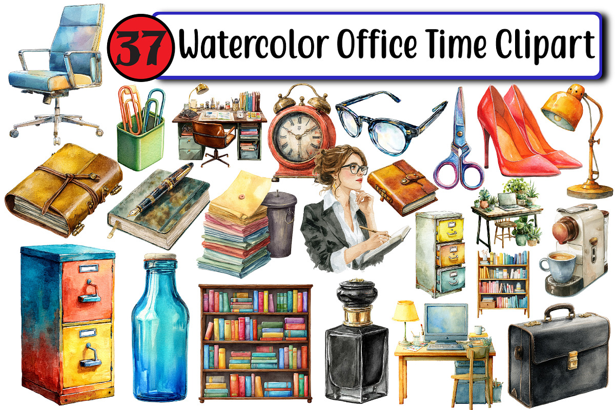 Watercolor Office Time Clipart, an Illustration by Design Market (Photo 1 of 3)