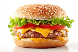 Delicious cheeseburger with fresh toppings, a Food & Drink Photo by AlyaAnd