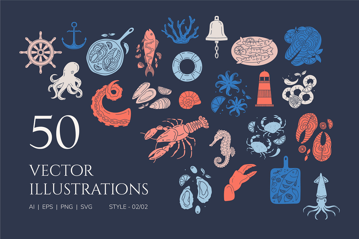 Seafood illustrations Set, a Food Illustration by Vasylyka (Photo 5 of 8)