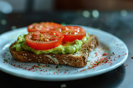 Toast bread with avocado puree and tomatoes in plate. Vegetarian food., a Food & Drink Photo by AlyaAnd