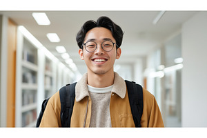 Asian male student with a backpack, a School & Education Photo by Sergey Kotenev