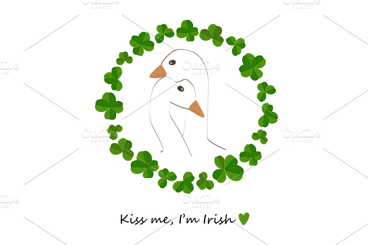 Goose couple in clover leaves wreath, an Animal Illustration by Toltemara