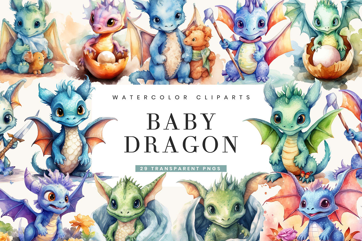 Watercolor Baby Dragon Clipart, an Animal Illustration by BusyDaydesign (Photo 1 of 9)