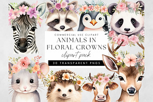 Animals in Floral Crowns Clipart, a Decorative Illustration by illuztrate