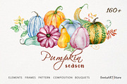 Watercolor Autumn Pumpkins Clipart, a Seasonal Illustration by SvetaArtStore (Thumbnail 1 of 15)
