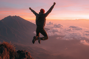 Man jumping off cliff at sunset cele, a Photo by Pixeness Studio