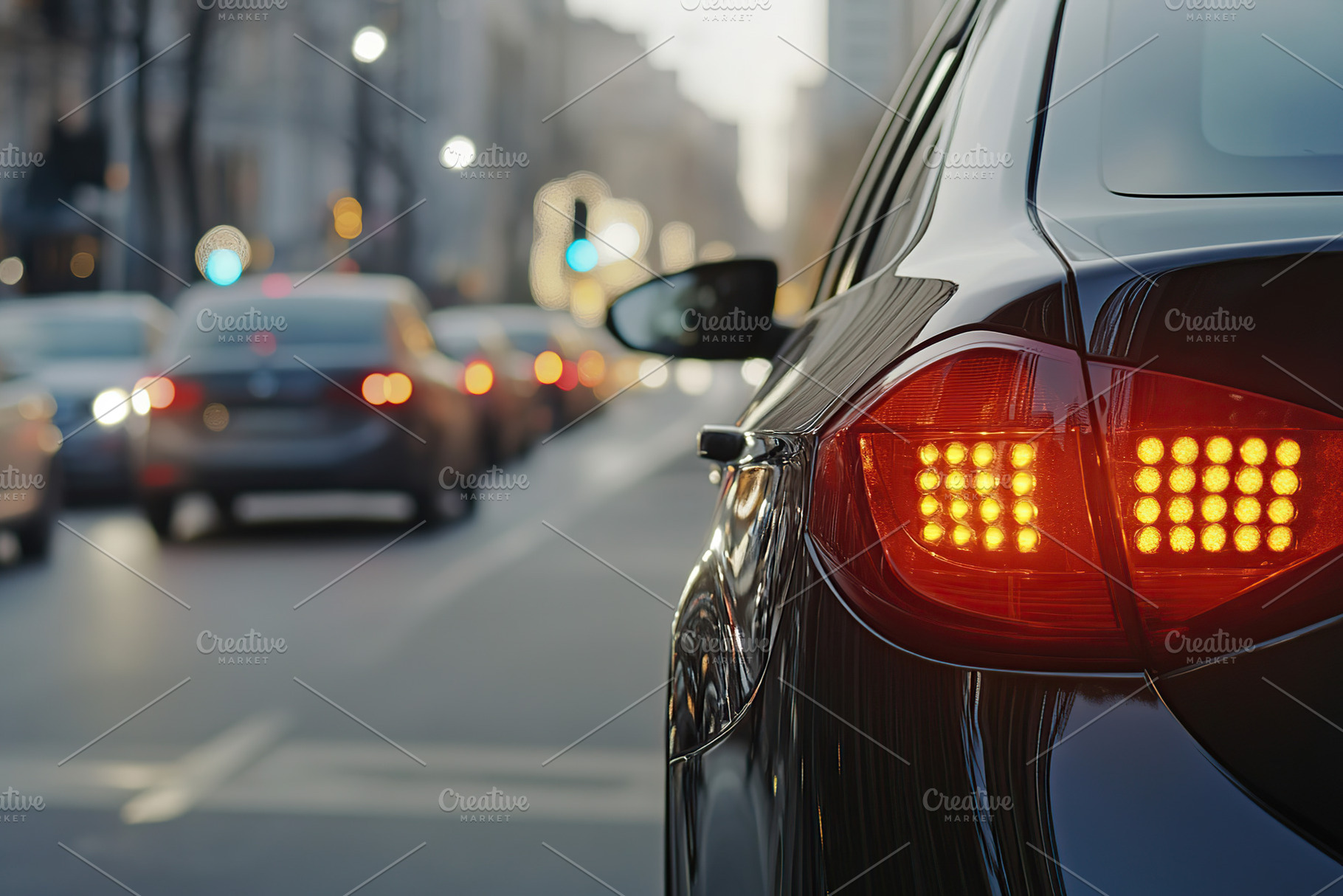 Traffic light signaling vehicles to stop on a busy city street during evening r, a Transportation Photo by AlyaAnd
