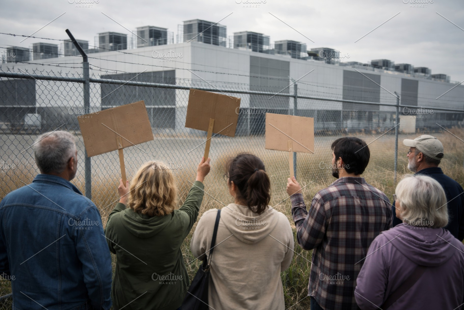 Protesters with signs facing AI data center behind chain-link fe, a Photo by Dvoevnore photos