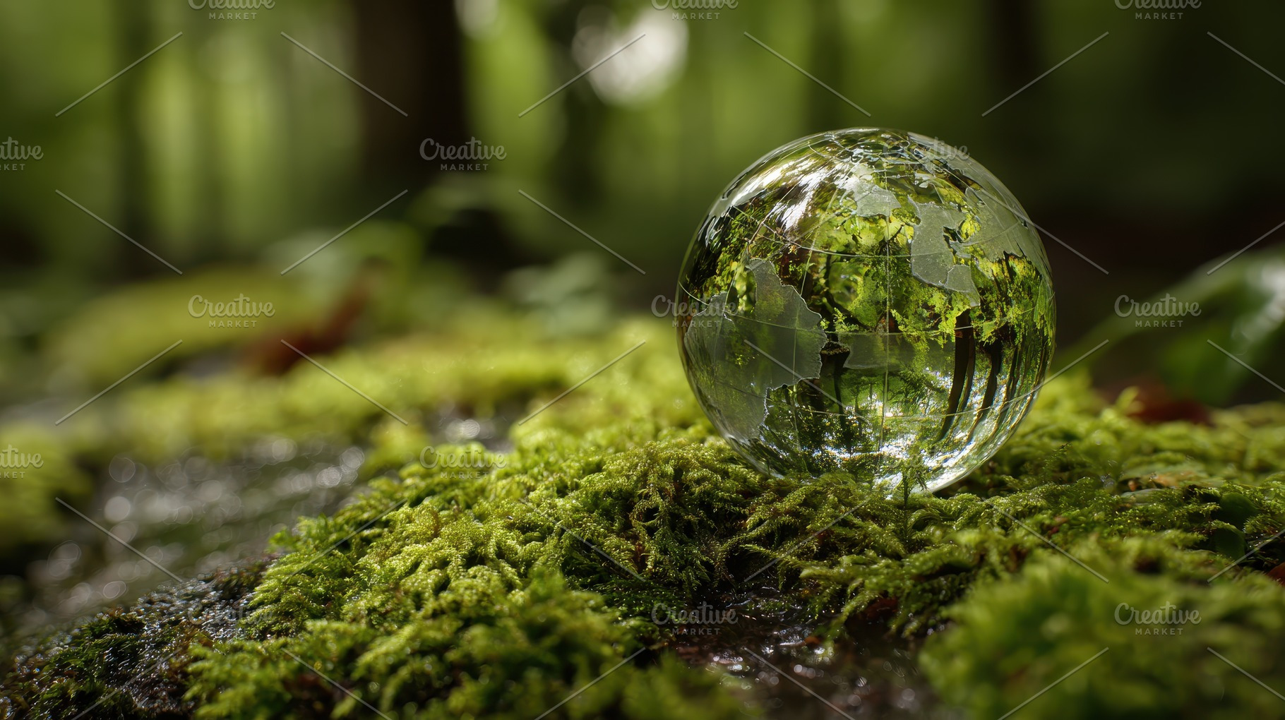 Glass Globe Earth on Mossy Forest Fl, a Photo by Pixeness Studio