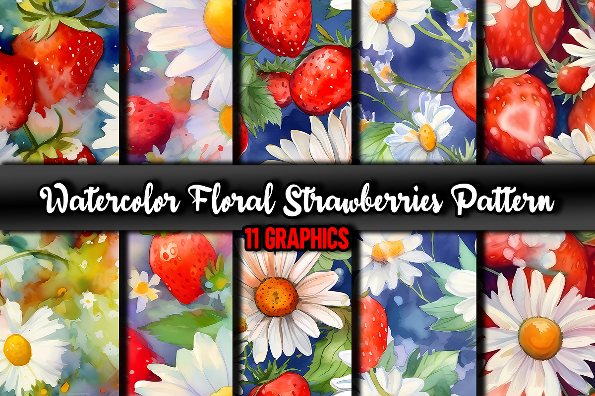 Watercolor Floral Strawberries, a Pattern Graphic by Leakedink (Photo 1 of 3)