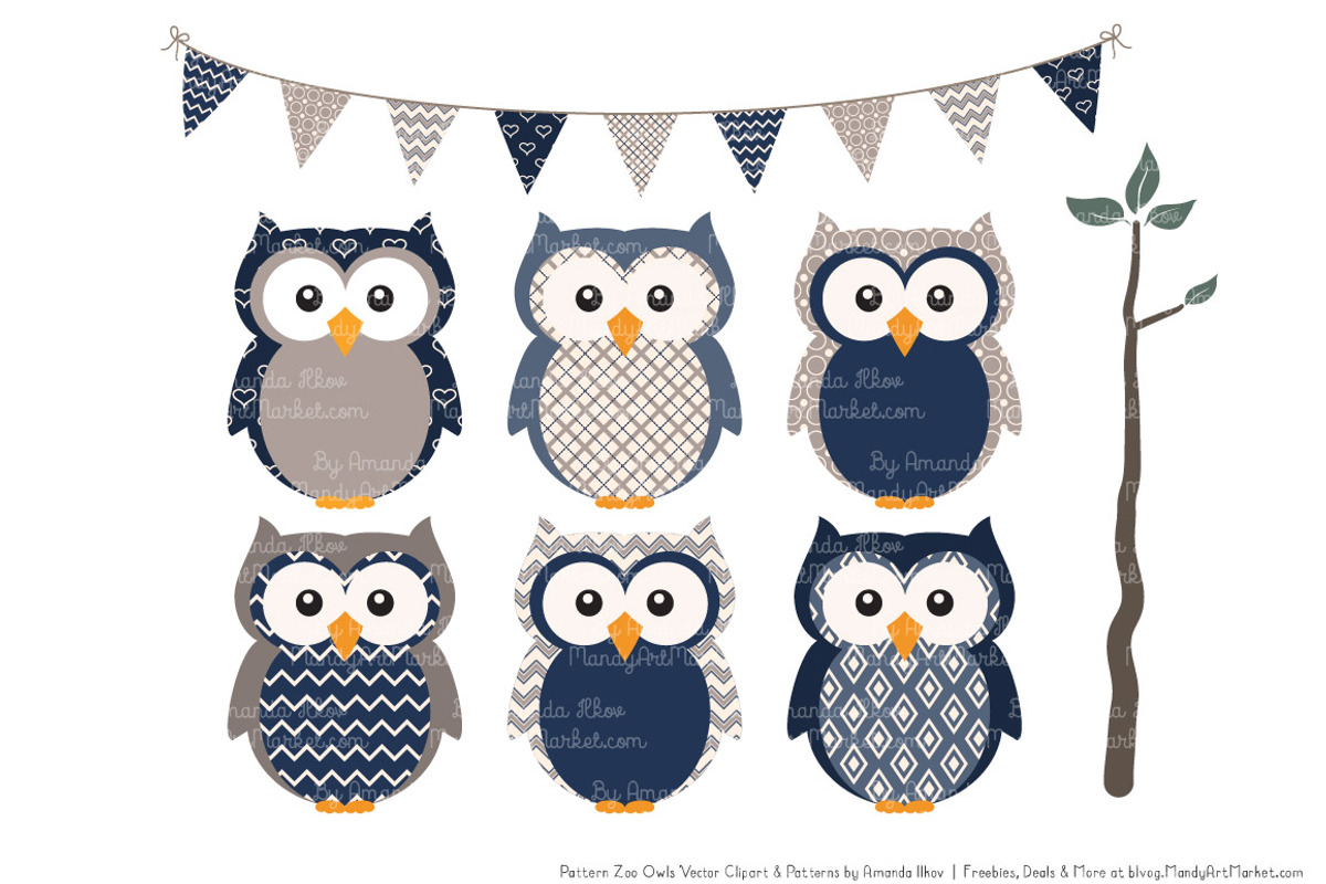 Owls Clipart & Patterns in Navy, an Animal Illustration by Amanda Ilkov (Photo 2 of 4)