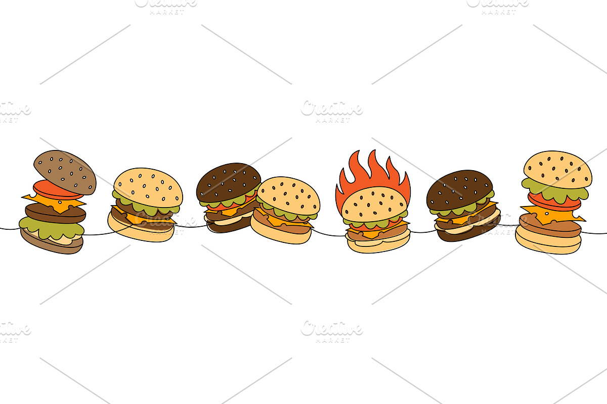 Burger set one line colored, a Food Illustration by GraphiShop