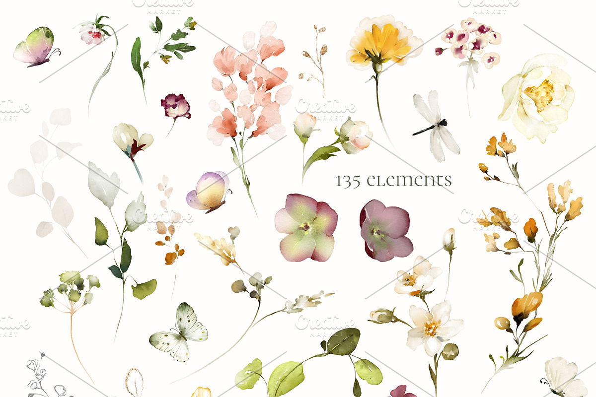 White roses & wildflowers floral set, a Decorative Illustration by Lisima (Photo 10 of 13)