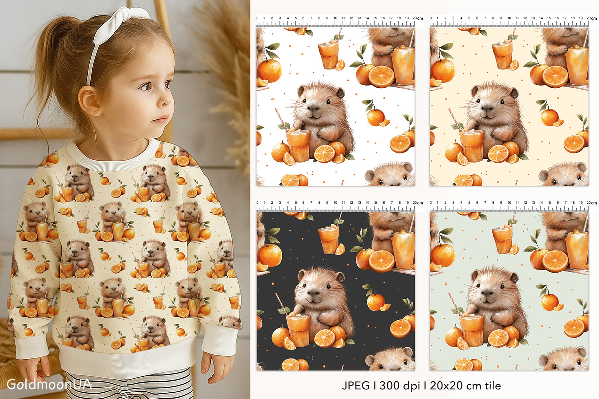 Capybara & Orange Pattern & Clipart, an Animal Illustration by GoldmoonUA (Photo 2 of 5)