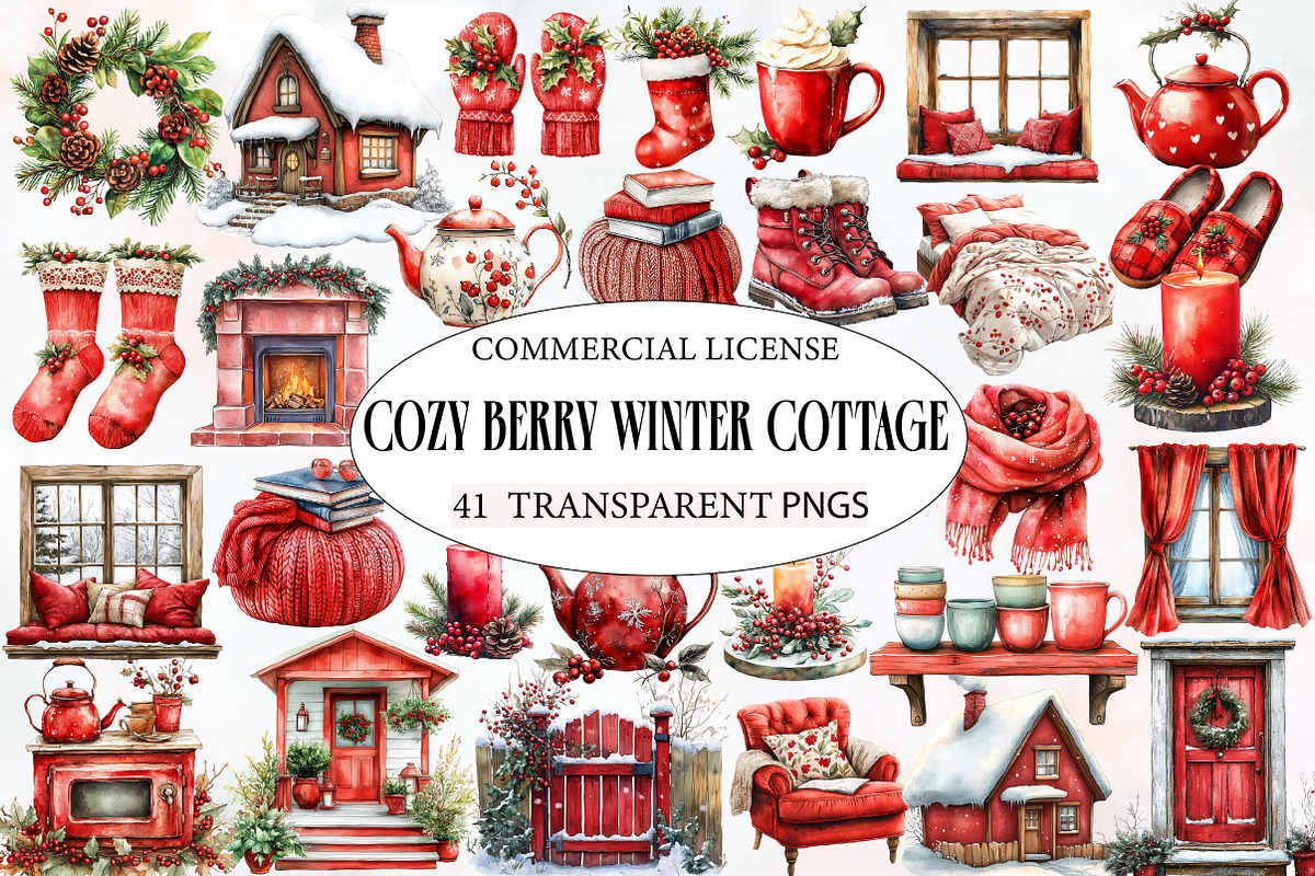 Watercolor Cozy Berry Winter Cottage, an Illustration by Designworld (Photo 1 of 6)