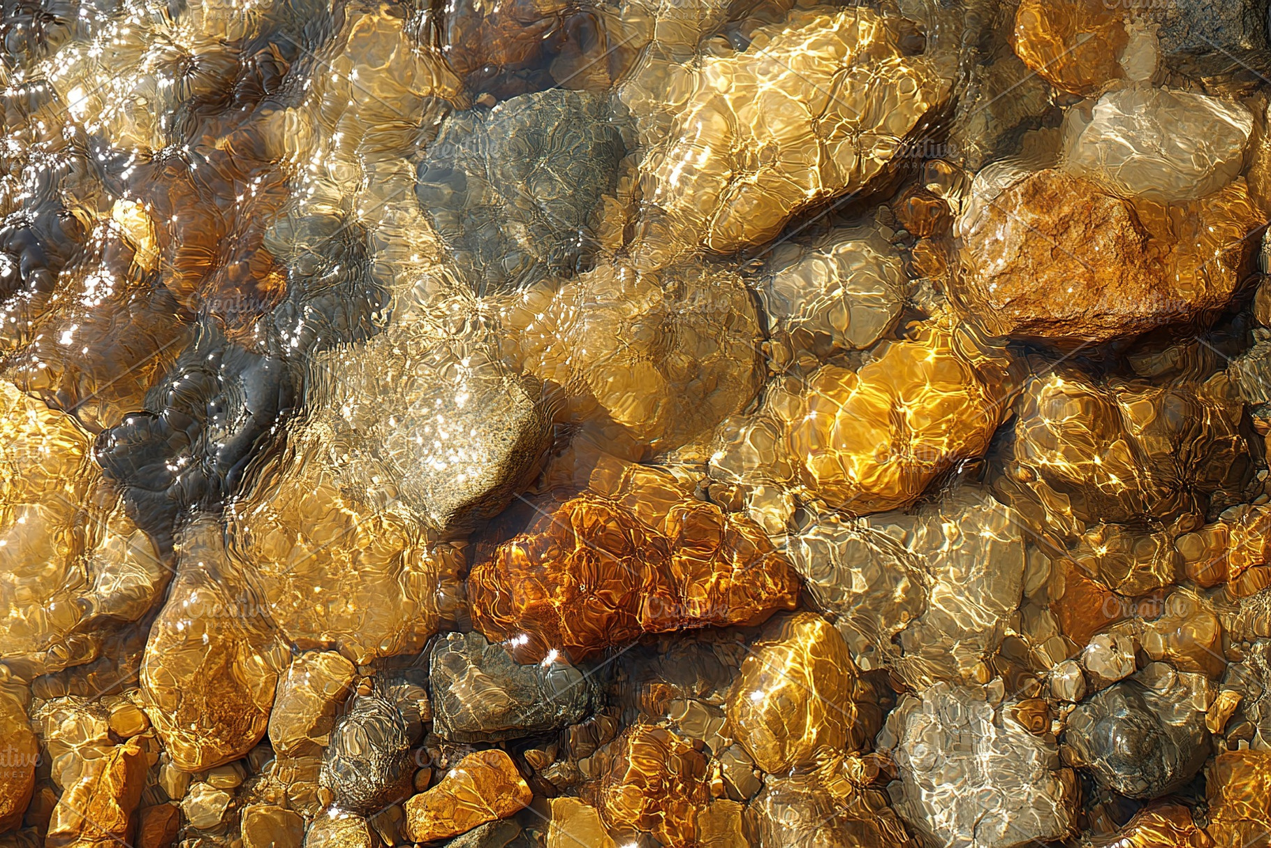 Closeup of wet pebbles in the water, a Photo by AlyaAnd