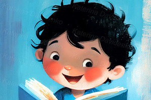 Cartoon Little Kids Reading Books