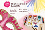 Happy Purim Watercolor Clipart, a Seasonal Illustration by Elena Malgina Clipart (Thumbnail 3 of 9)