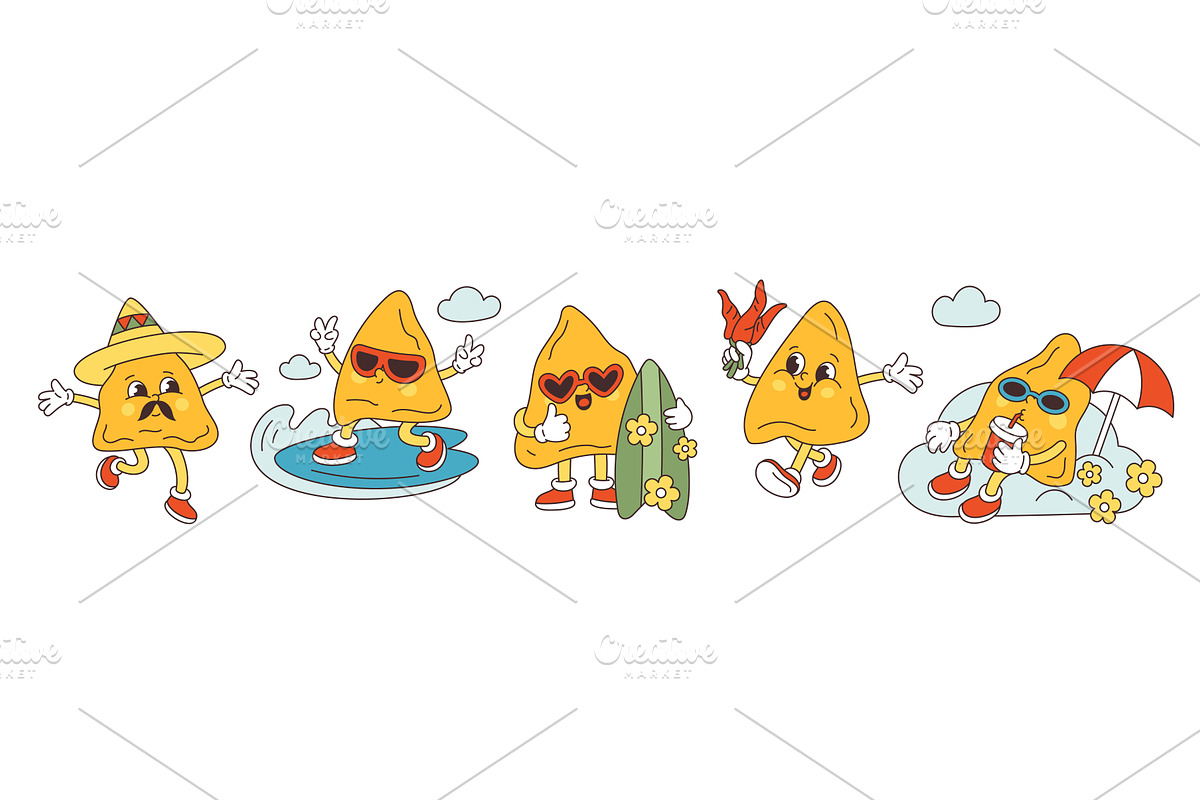 Cute nachos characters. Funny groovy, an Object Illustration by YummyBuum