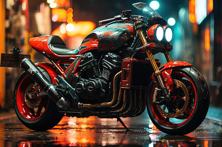 Neon Nights - An Intriguing Image Of A Motorbike Parked Near A N, a Transportation Photo by designvectx