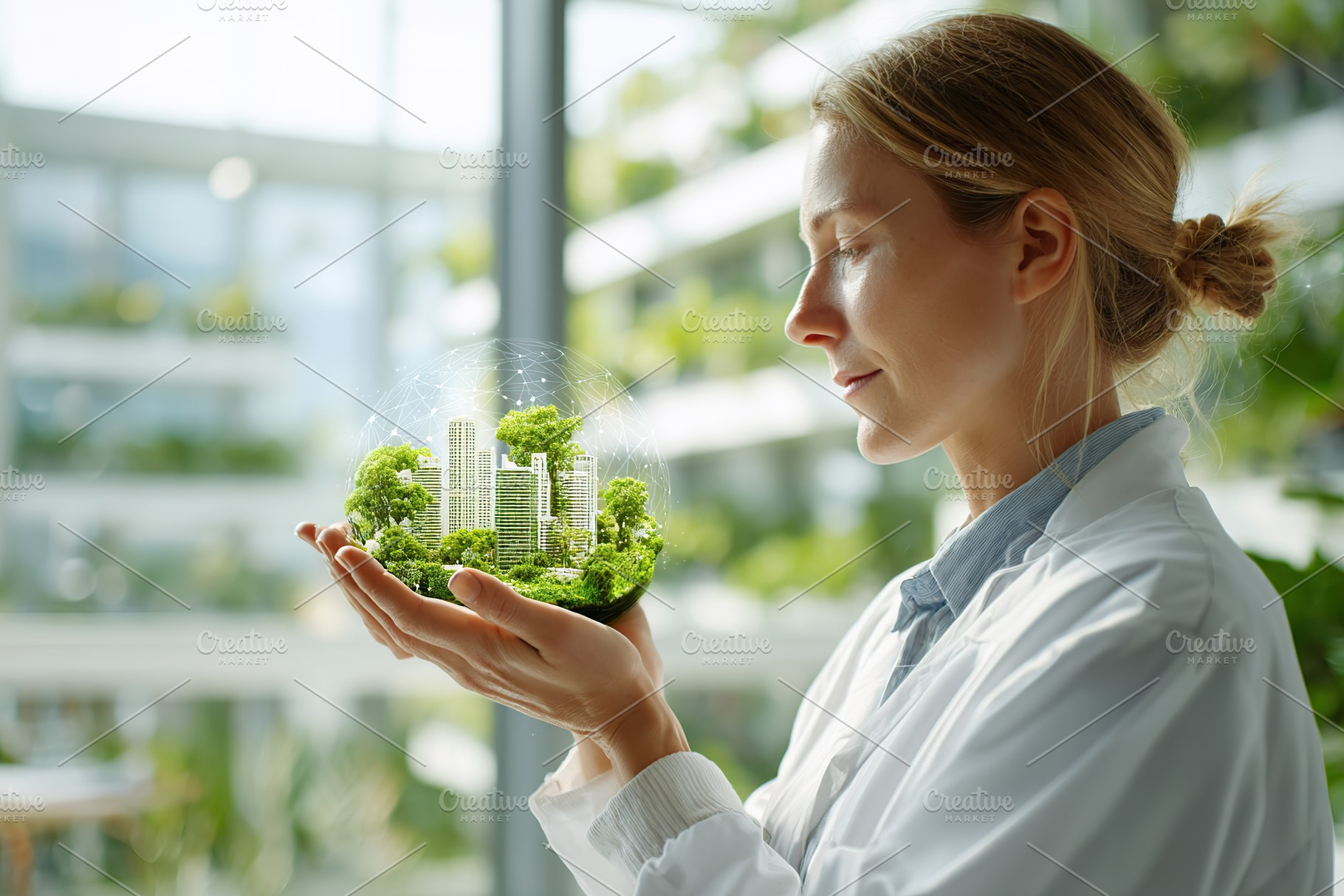 Innovative woman holds miniature green urban landscape in hands while promoting, a Photo by AlyaAnd