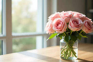 Beautiful bouquet of roses in glass, a Photo by LOGOCREATIVE