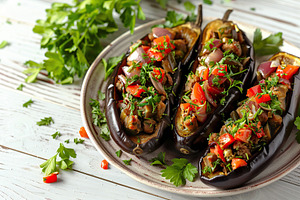 Eggplant stuffed with vegetables and meat in plate, a Food & Drink Photo by AlyaAnd