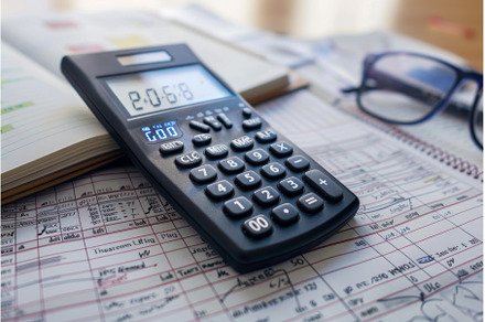 Calculator laying on desk with, a Business Photo by Ylivdesign