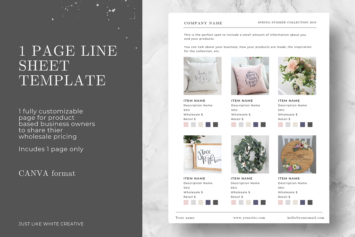 Linesheet - 1 Page for Wholesale, a Presentation Template by Just Like White Creative